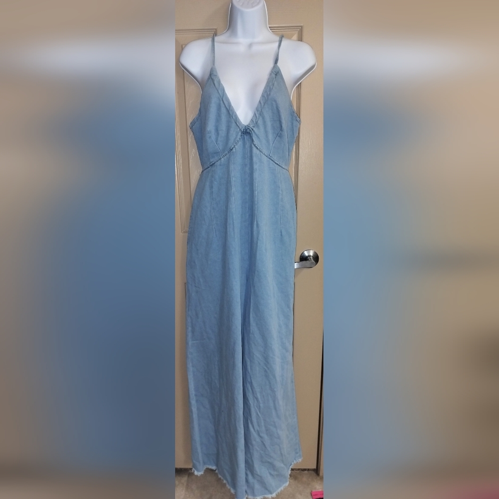 New Denim Wide Leg Strappy Jumpsuit Sz XL